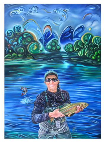 „Claudia fischt mit Fliege“, 2022, 50 x 70 cm, oil on canvas, © Michael Pfeiffer