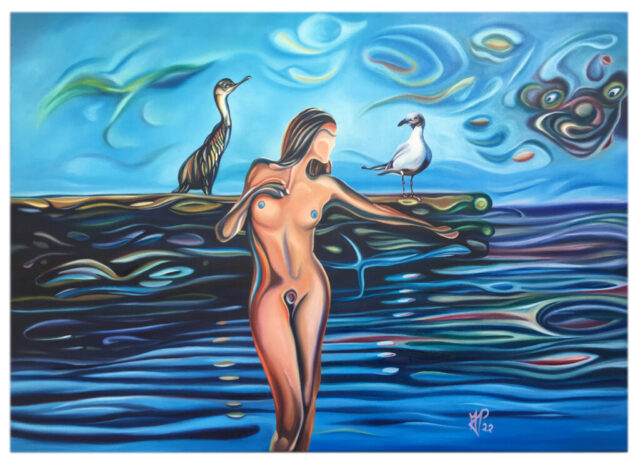 „Kraken, Krebse und ein Fisch“, 2022, 70 x 50 cm, Öl auf Leinwand, (© Michael Pfeiffer)