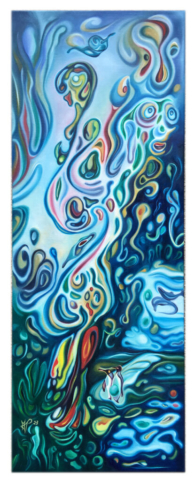 „Delphine, Pinguine und ein Junge“, 2023, 30 x 80 cm, oil on canvas, © Michael Pfeiffer