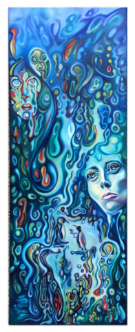 „Pinguine, ein Junge und ein Mädchen”, 2023, 30 x 80 cm, oil on canvas, © Michael Pfeiffer