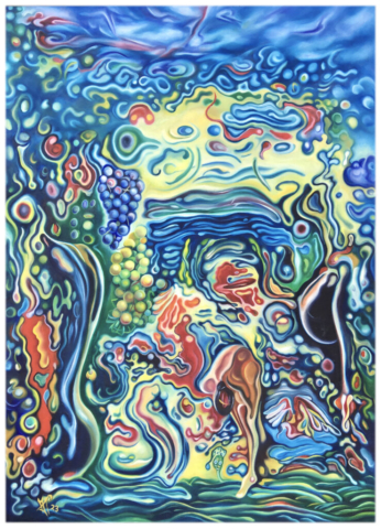 „Ente, Storch und eine Fischerin am See“, 2023, 50 x 70 cm, oil on canvas, © Michael Pfeiffer
