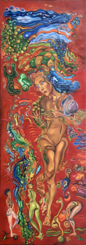 „Das Glück der Trauben“, 2023, 59 x 164 cm, oil on canvas, © Michael Pfeiffer