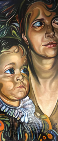 „Thomas und Mutter“, 25 x 61 cm, oil on canvas/wood, © Michael Pfeiffer, 🔴