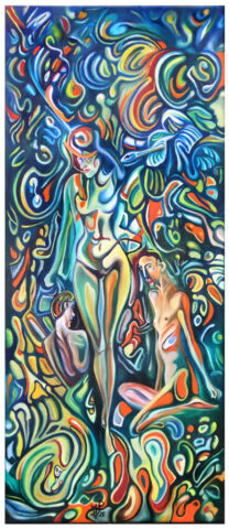 "Frühstück bei Sybille", 2025, 30x70 cm, oil on canvas, © Michael Pfeiffer