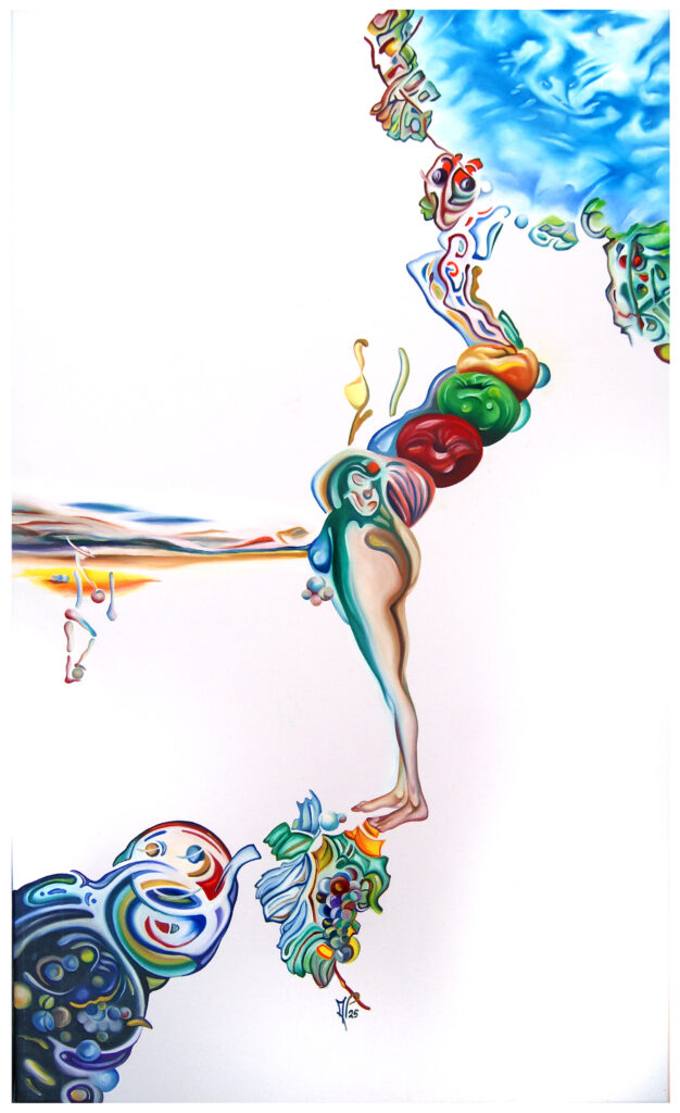 Ölgemälde "Maskerade und Fassade" aus der Serie "Gut genug - Liquid Aesthetics" von Michael Pfeiffer, Minimalistischer Surrealismus"