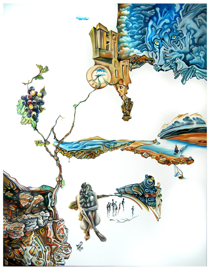 Das Ölgemälde "Kontrolle und Konstrukt" thematisiert das Spannungsfeld zwischen der Sehnsucht nach Ordnung (Kontrolle) und dem lebensnahen Chaos. Das vierte Werk aus dem Zyklus "Gut genug" ist eine visuelle Analyse unserer Versuche, das Leben durch Strukturen und Zeitvorgaben zu bändigen.