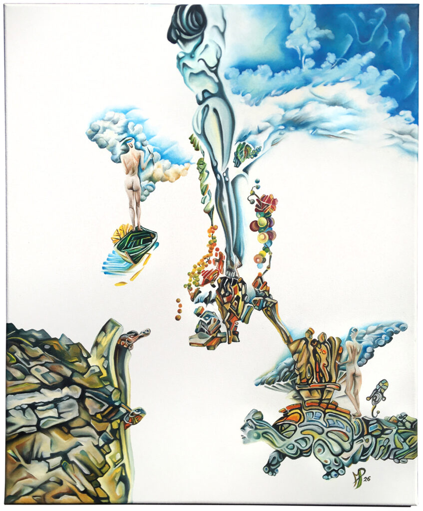 Mit dem Ölgemälde „Wunsch und Wagnis“ zeigt Michael Pfeiffer den menschlichen Pioniergeist im Stil des Minimalistischen Surrealismus. Im fünften Werk des Zyklus "Gut genug" konzentriert sich die Energie auf die Entscheidung zur Bewegung. 🔴