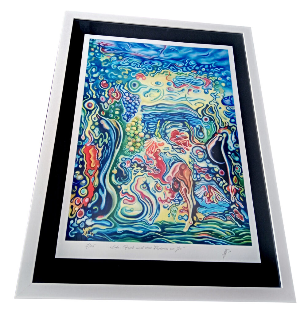 "Ente, Storch und eine Fischerin am See", Fineart print, 2026, 42x60cm, Michael Pfeiffer