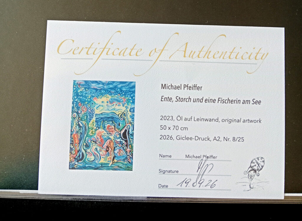 Zertifikat zu "Ente, Storch und eine Fischerin am See", 2026, Michael Pfeiffer