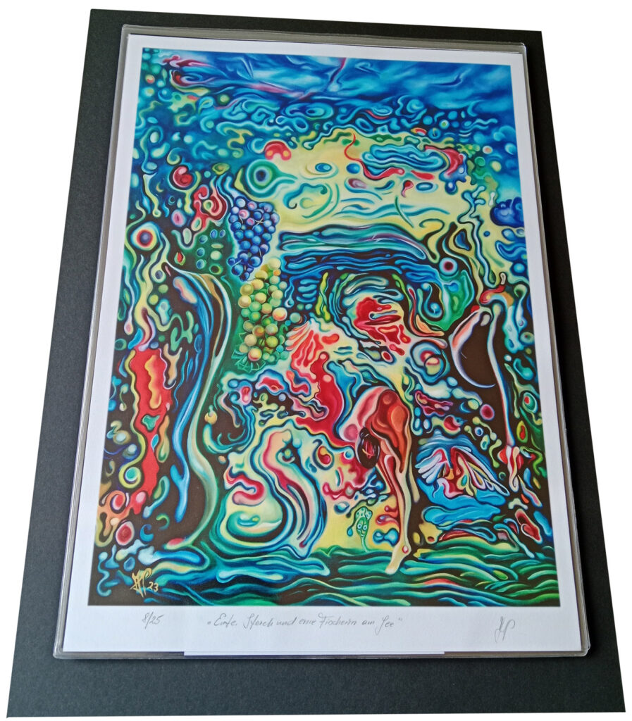"Ente, Storch und eine Fischerin am See", Fineart print, 2026, 42x60cm, Michael Pfeiffer