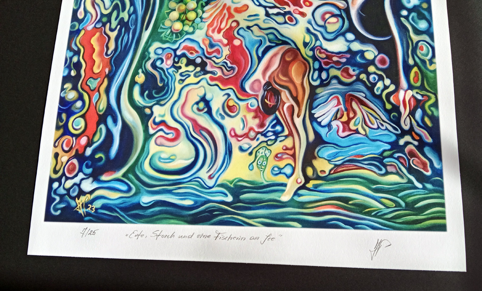 "Ente, Storch und eine Fischerin am See", Fineart print, 2026, 42x60cm, Michael Pfeiffer